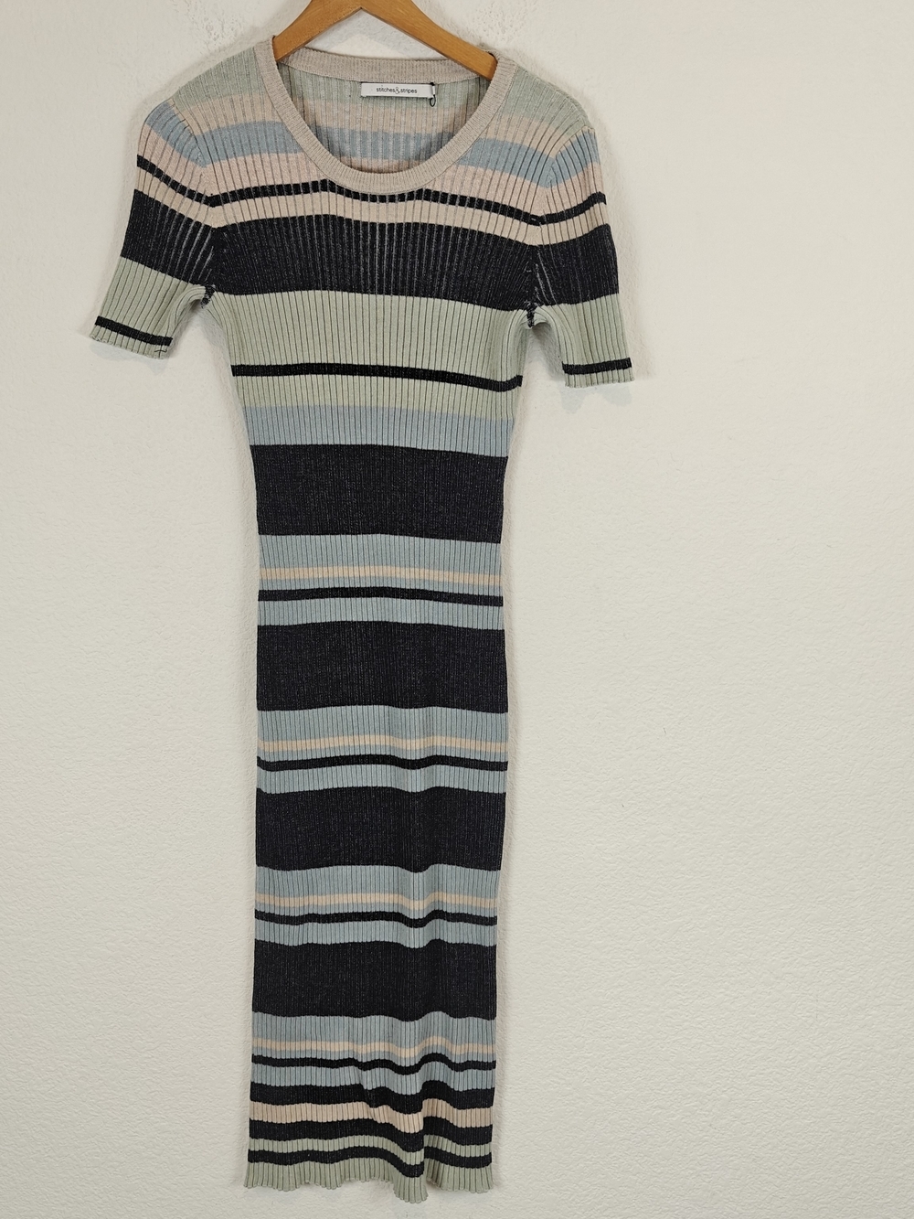 Stitches & Stripes Bodycon Striped Midi Dress Blue Beige Black Cotton Stretch M